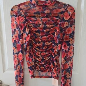 SHEIN Vibrant Floral Mesh Blouse - Red and Blue